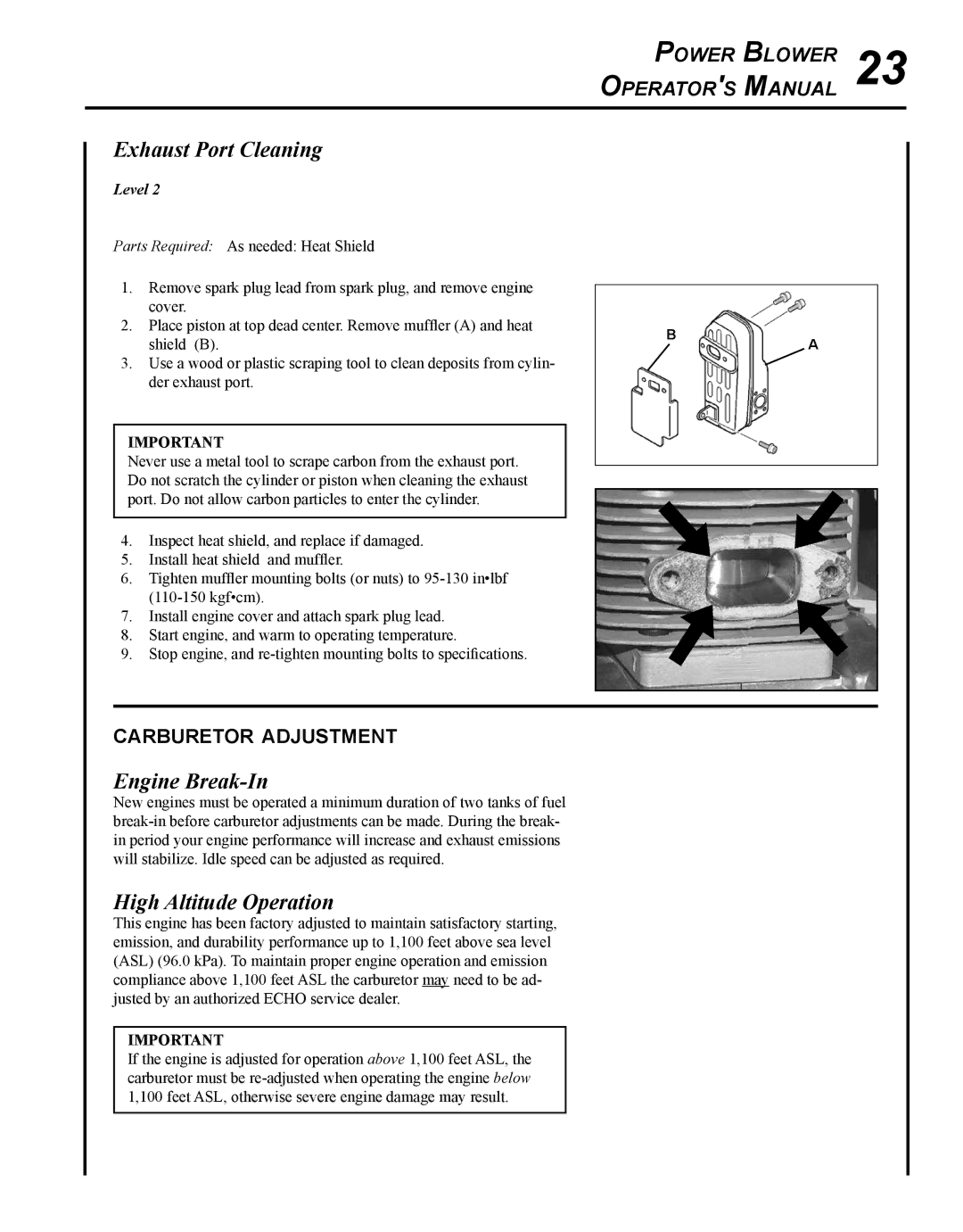 Echo PB-755S H, PB-755S T manual Exhaust Port Cleaning, Engine Break-In, High Altitude Operation, Carburetor adjustment 