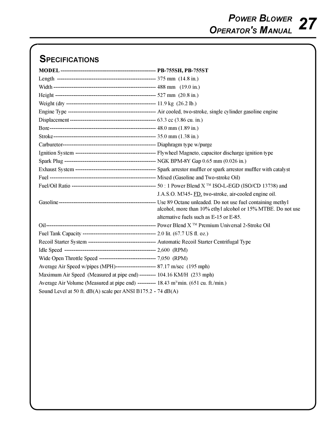 Echo PB-755S H, PB-755S T manual Specifications, Model PB-755SH, PB-755ST 