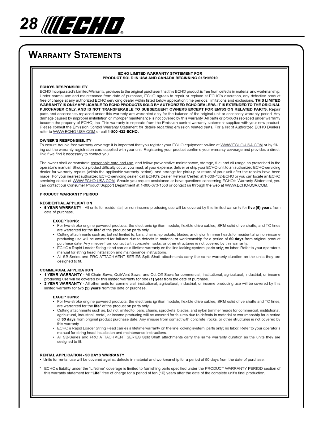 Echo PB-755S T, PB-755S H manual Warranty Statements, Exceptions 