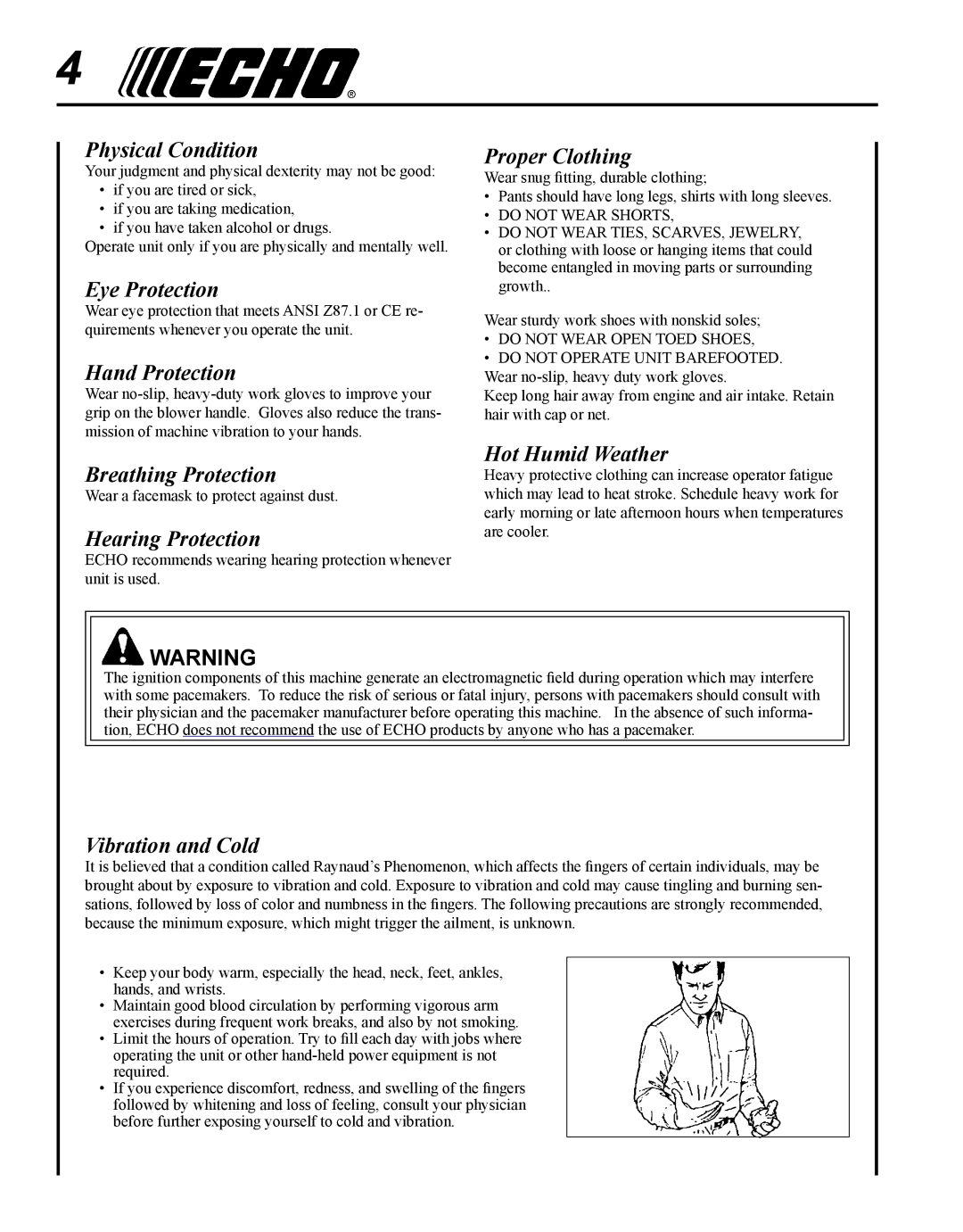 Echo PB-755S T, PB-755S H Physical Condition, Eye Protection, Hand Protection, Breathing Protection, Hearing Protection 