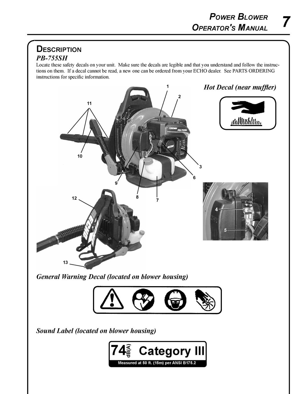 Echo PB-755S H, PB-755S T manual PB-755SH, Hot Decal near muffler, Description 