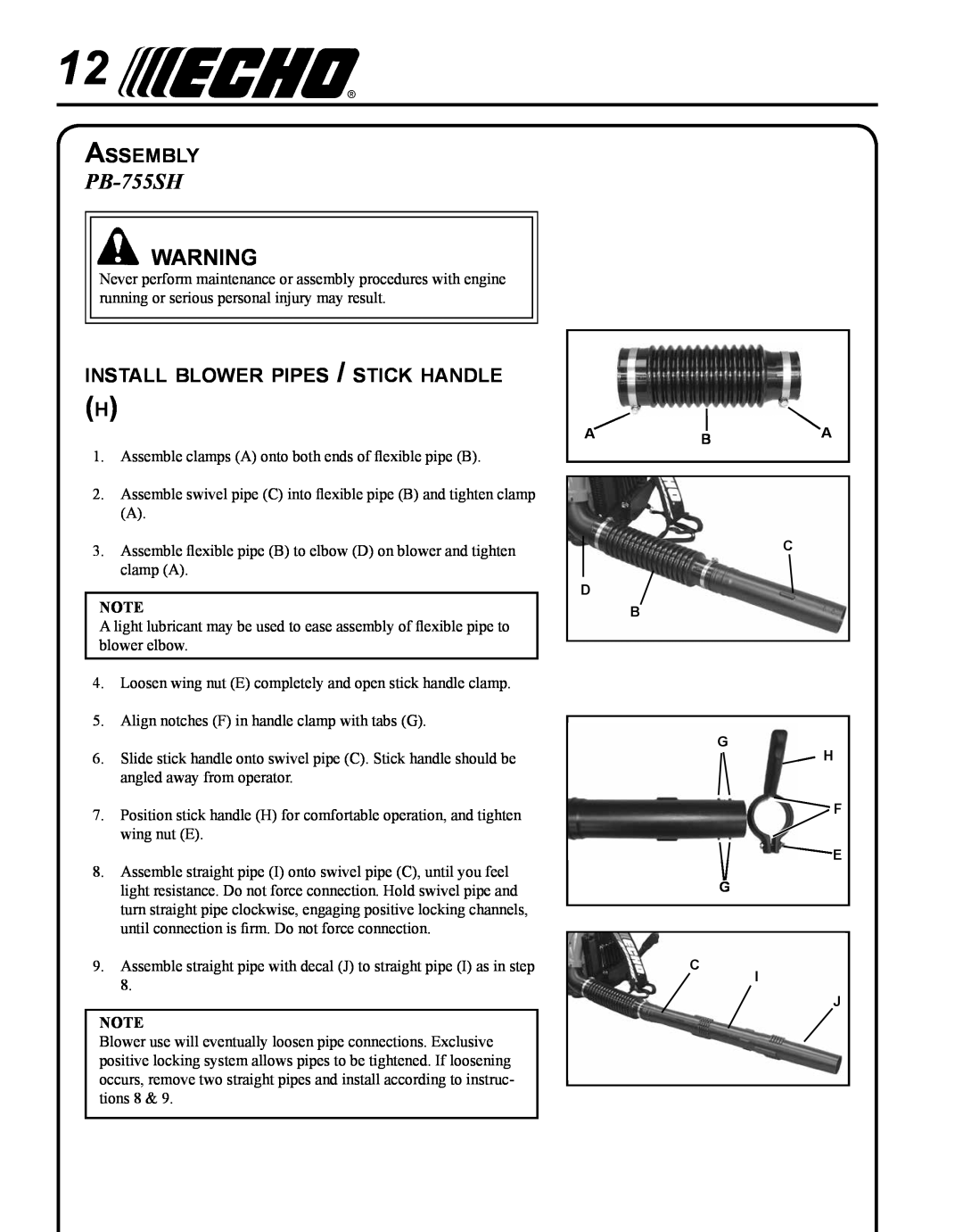 Echo PB-755S T, PB-755S H manual Assembly, install blower pipes / stick handle, PB-755SH 