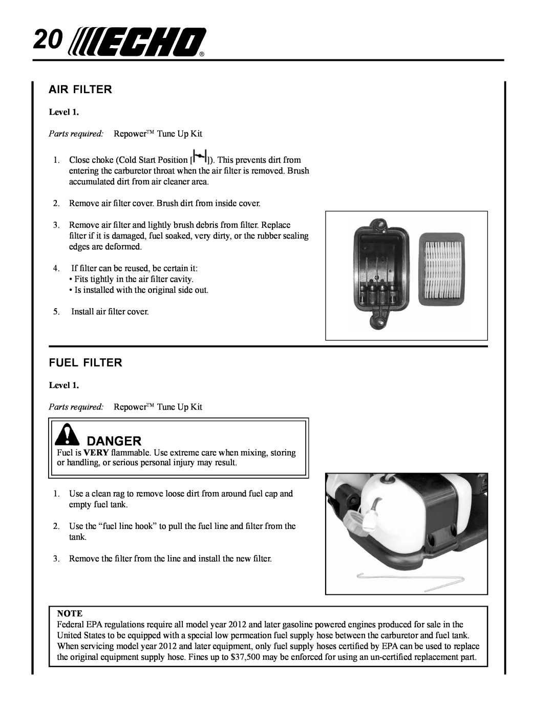 Echo PB-755S T, PB-755S H manual air filter, fuel filter, Level, Danger 