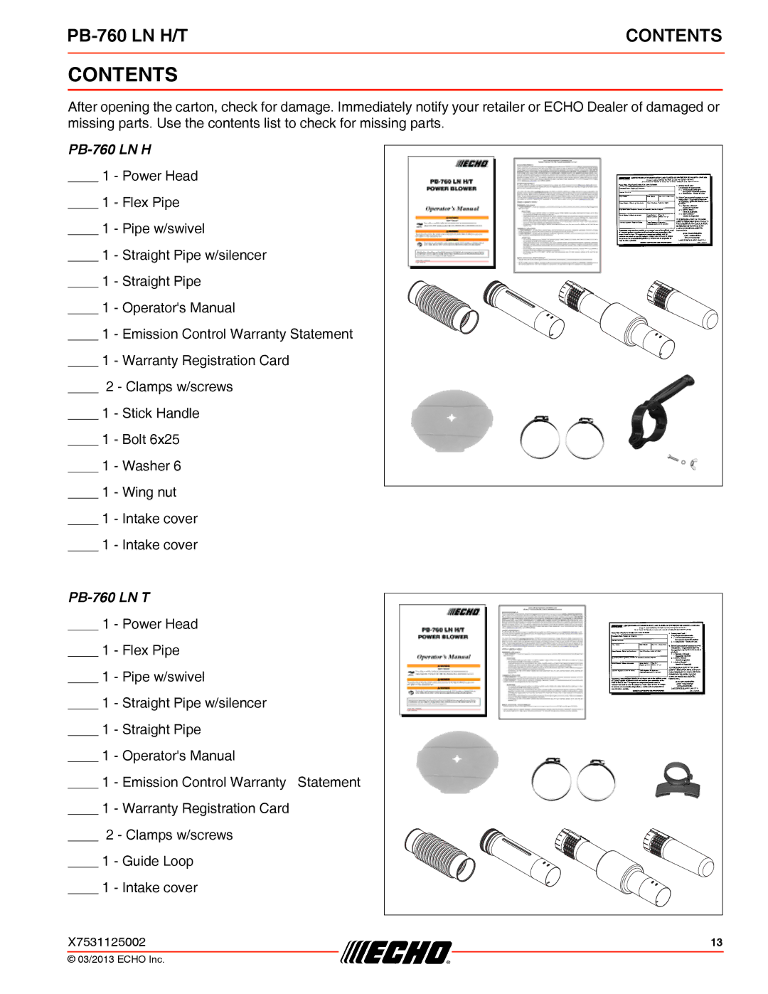 Echo PB-760 LN H/T specifications Contents 