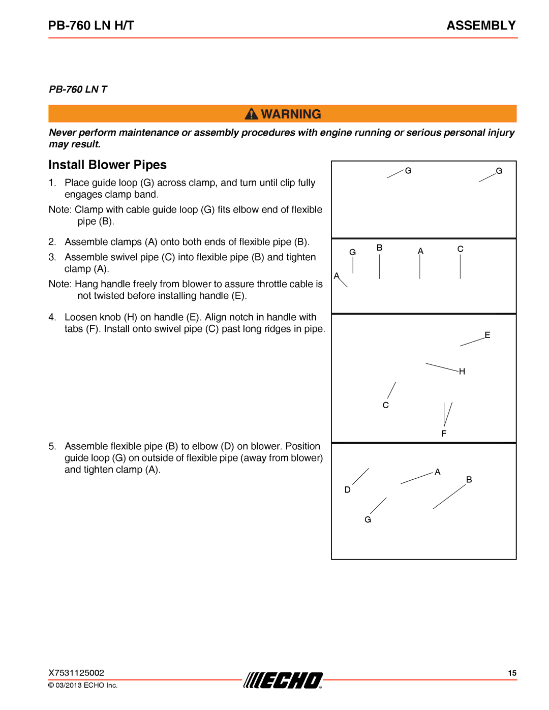 Echo PB-760 LN H/T specifications Install Blower Pipes, Assembly 