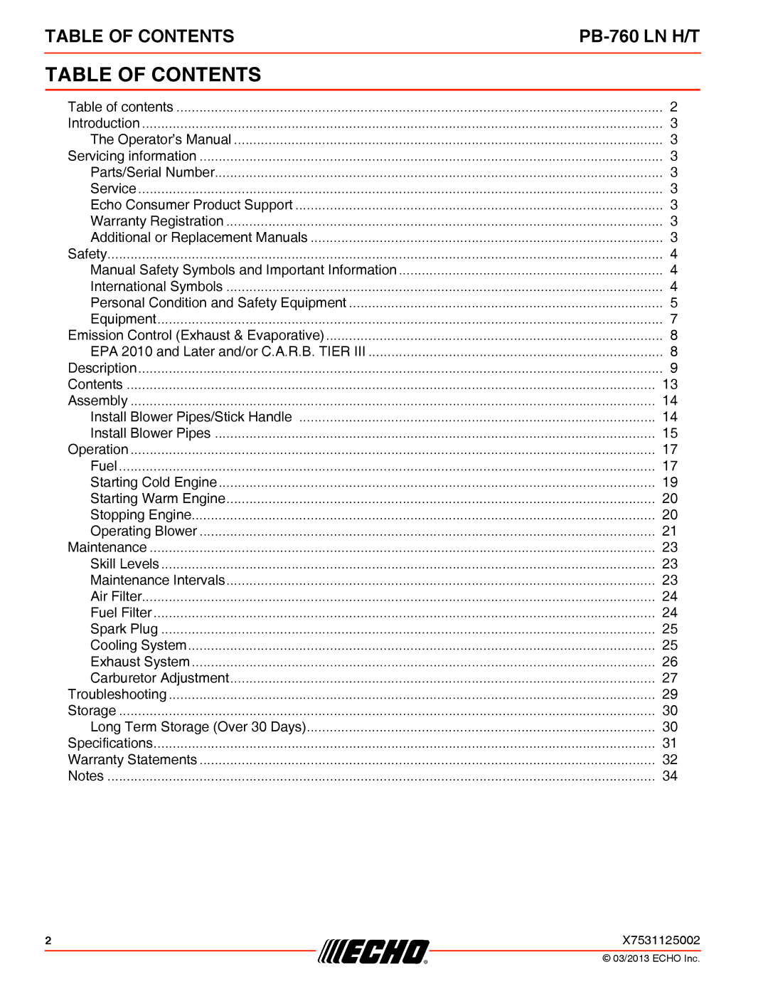 Echo PB-760 LN H/T specifications Table of Contents 