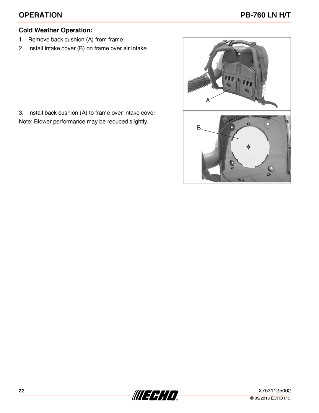 Echo PB-760 LN H/T specifications Cold Weather Operation 