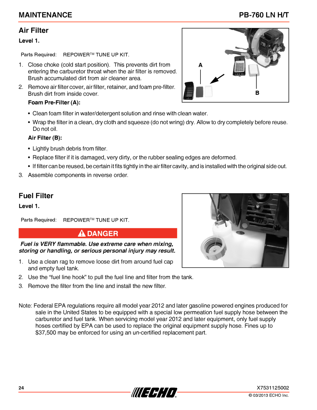 Echo PB-760 LN H/T specifications Air Filter, Fuel Filter 