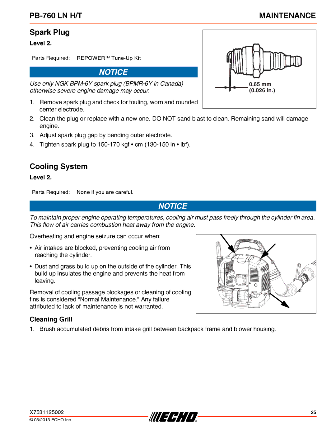 Echo PB-760 LN H/T specifications Spark Plug, Cooling System, Cleaning Grill 