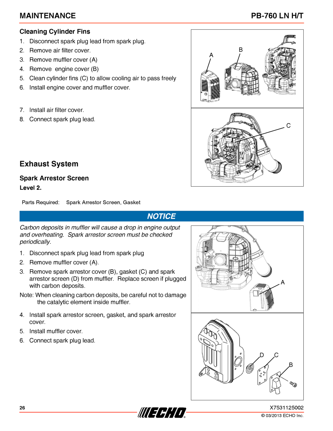 Echo PB-760 LN H/T specifications Exhaust System, Cleaning Cylinder Fins, Spark Arrestor Screen 