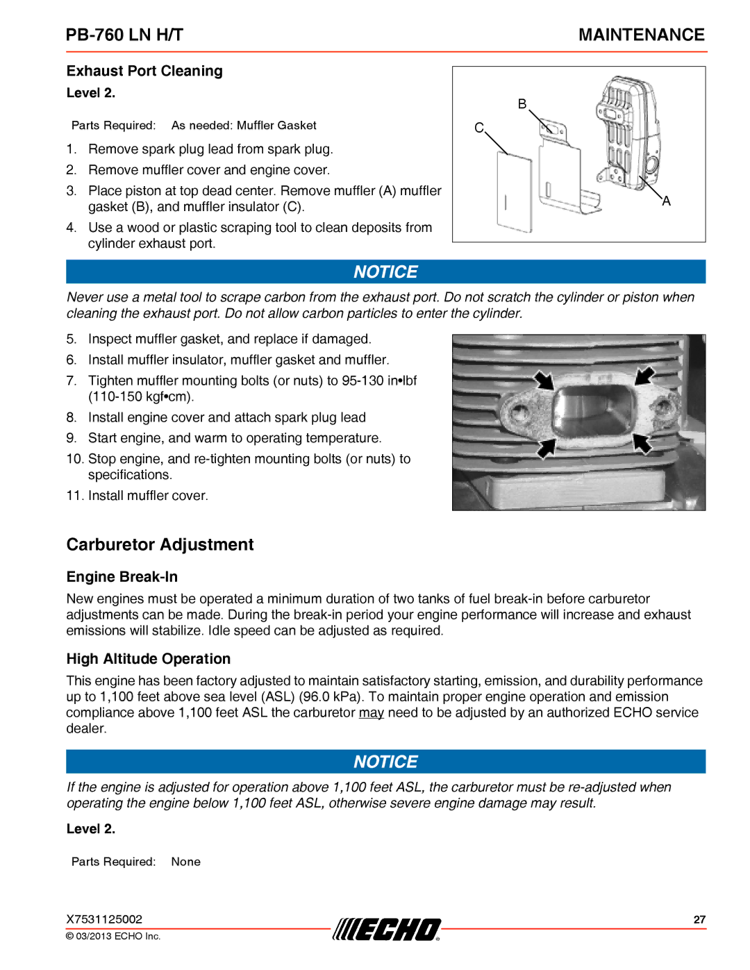 Echo PB-760 LN H/T specifications Carburetor Adjustment, Exhaust Port Cleaning, Engine Break-In, High Altitude Operation 