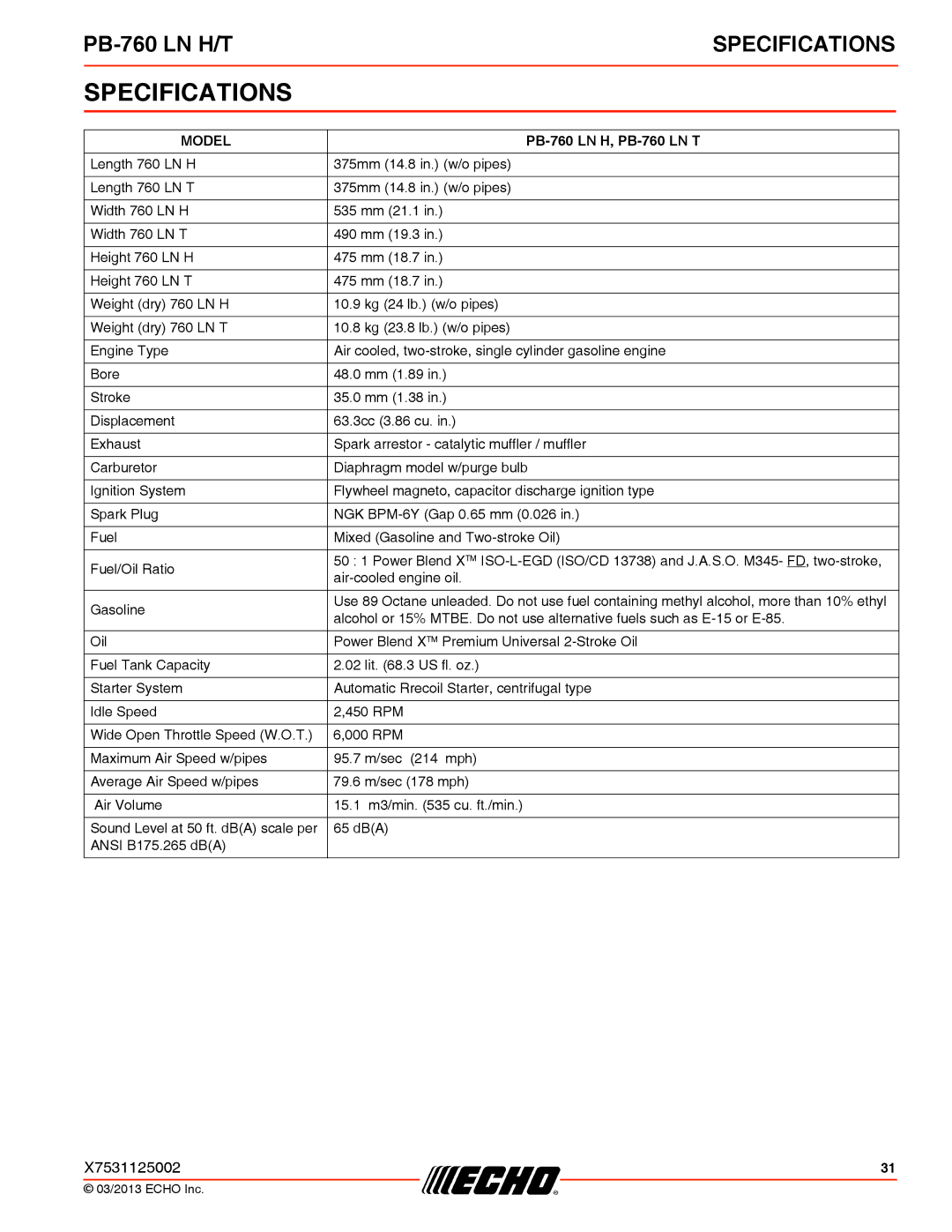 Echo PB-760 LN H/T specifications Specifications, Model 