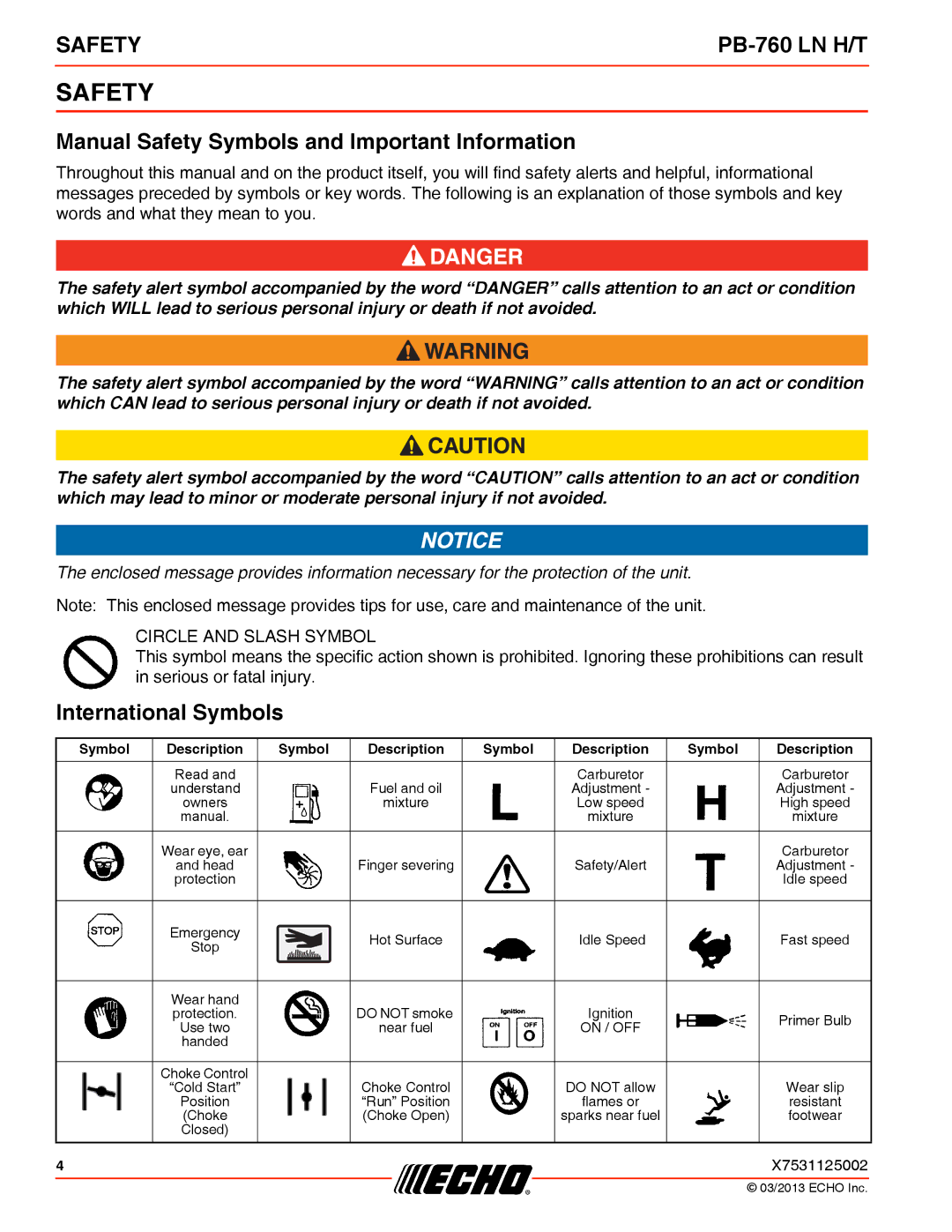 Echo PB-760 LN H/T specifications Manual Safety Symbols and Important Information, International Symbols 