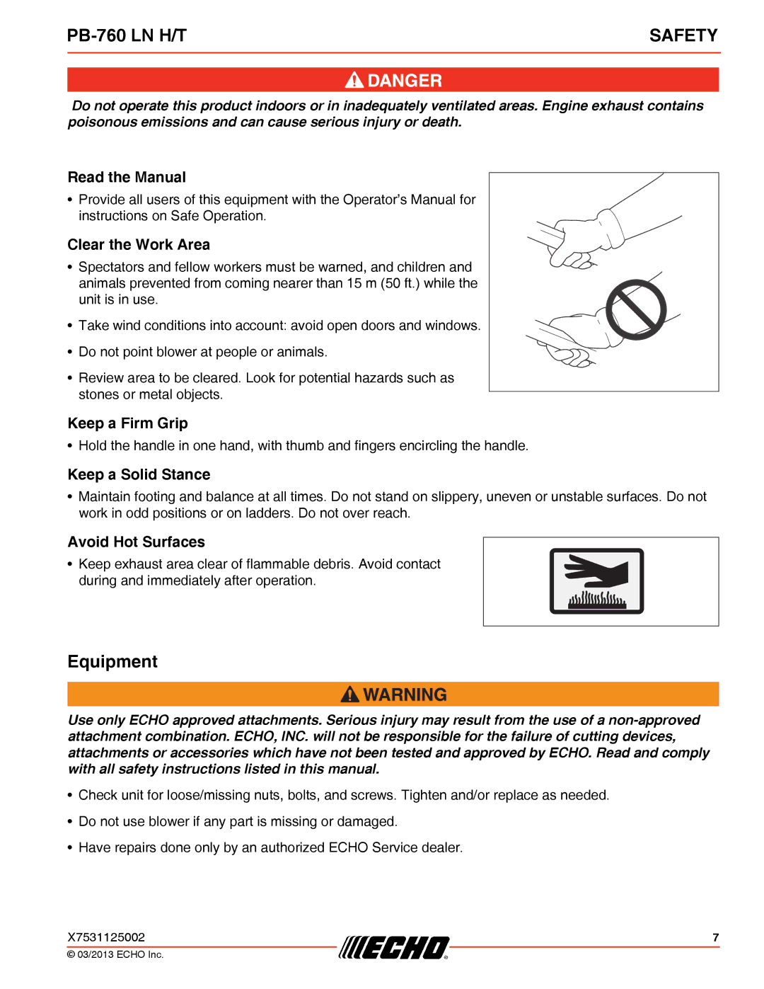 Echo PB-760 LN H/T specifications Equipment 