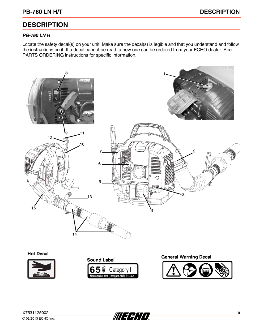 Echo PB-760 LN H/T specifications Description 