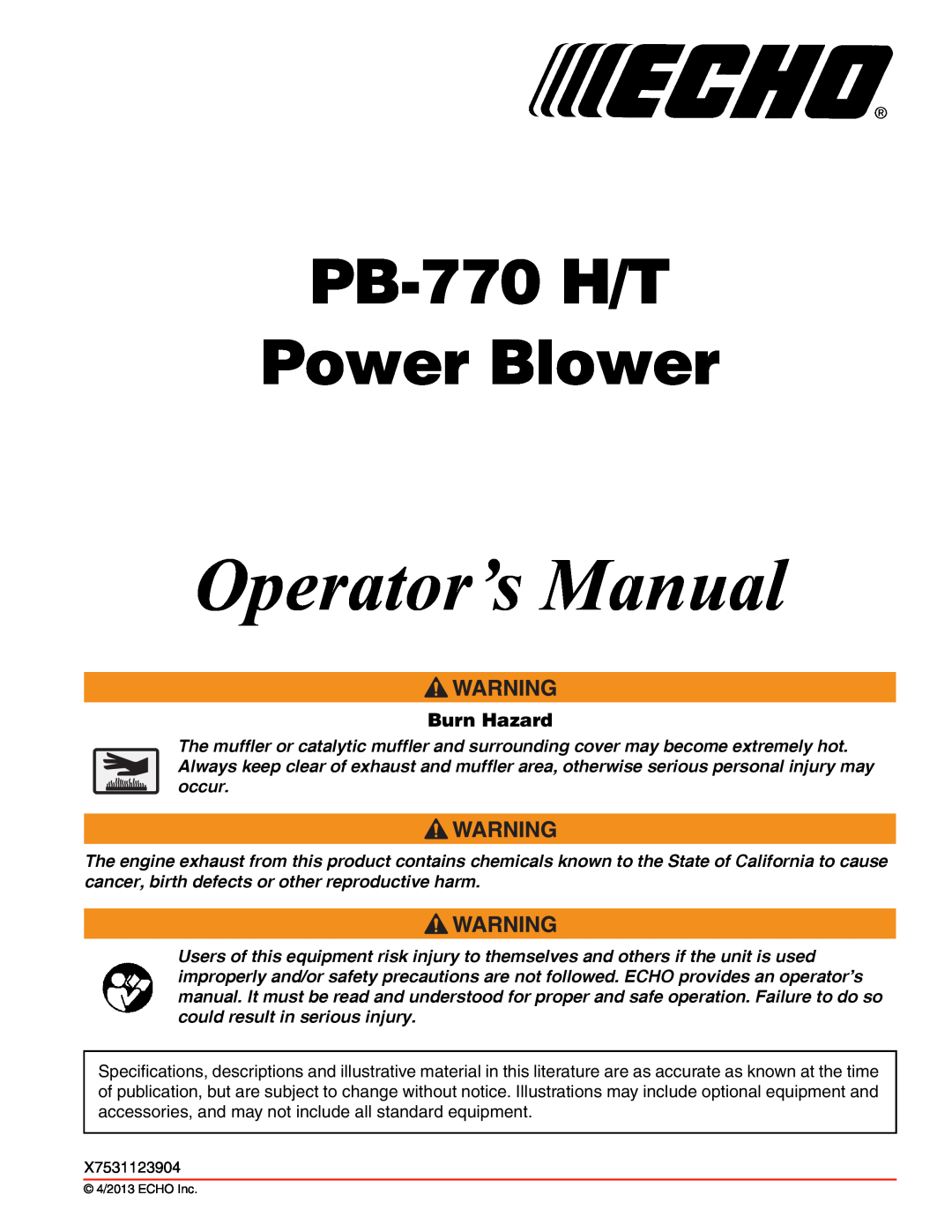 Echo specifications Burn Hazard, Operator’s Manual, PB-770 H/T Power Blower 