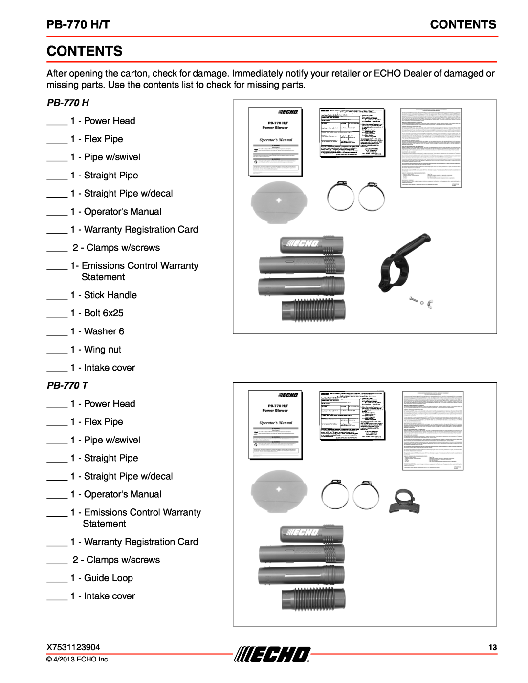 Echo PB-770 H/T specifications Contents 