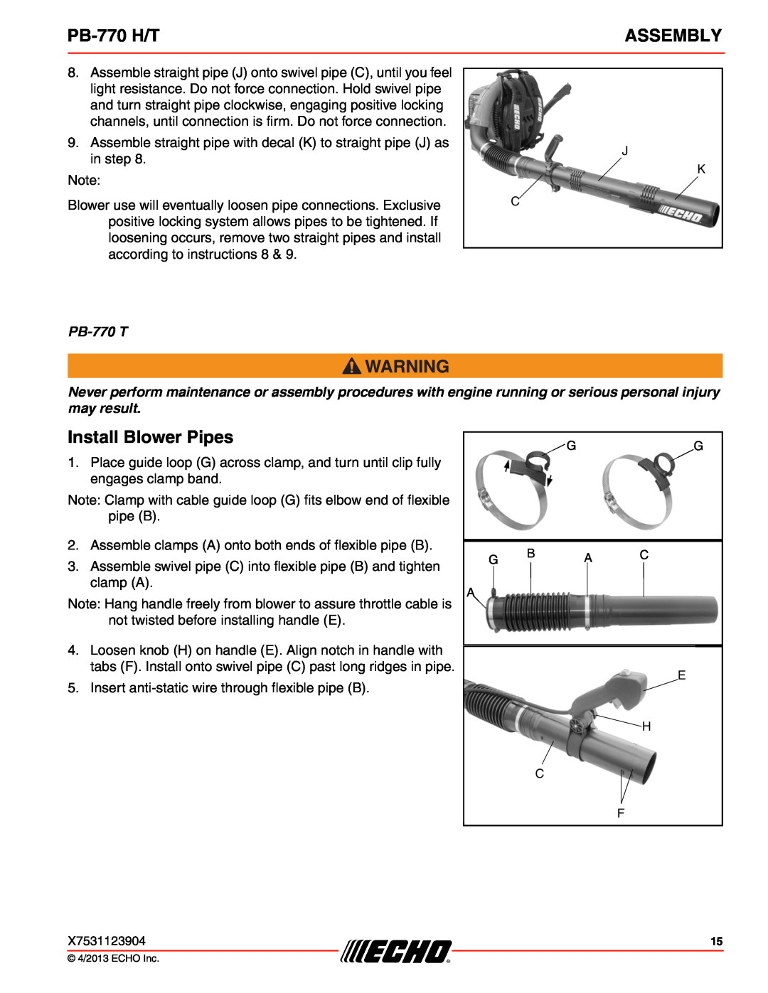 Echo PB-770 H/T specifications Install Blower Pipes, Assembly 