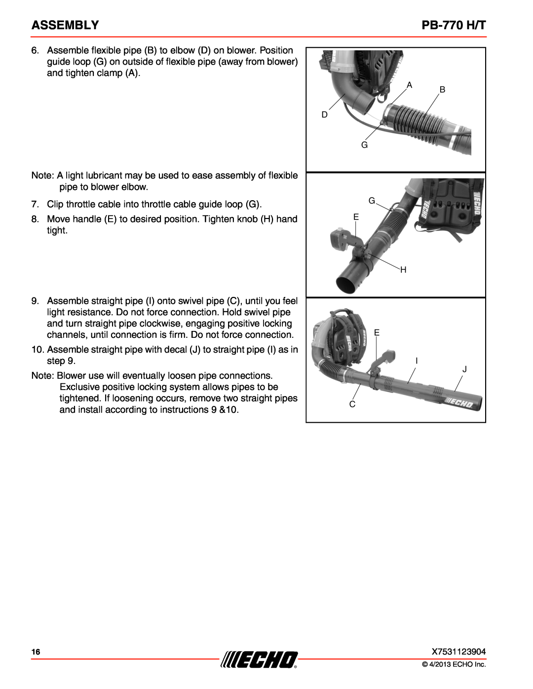 Echo PB-770 H/T specifications Assembly, A B D G G E H E I J C 