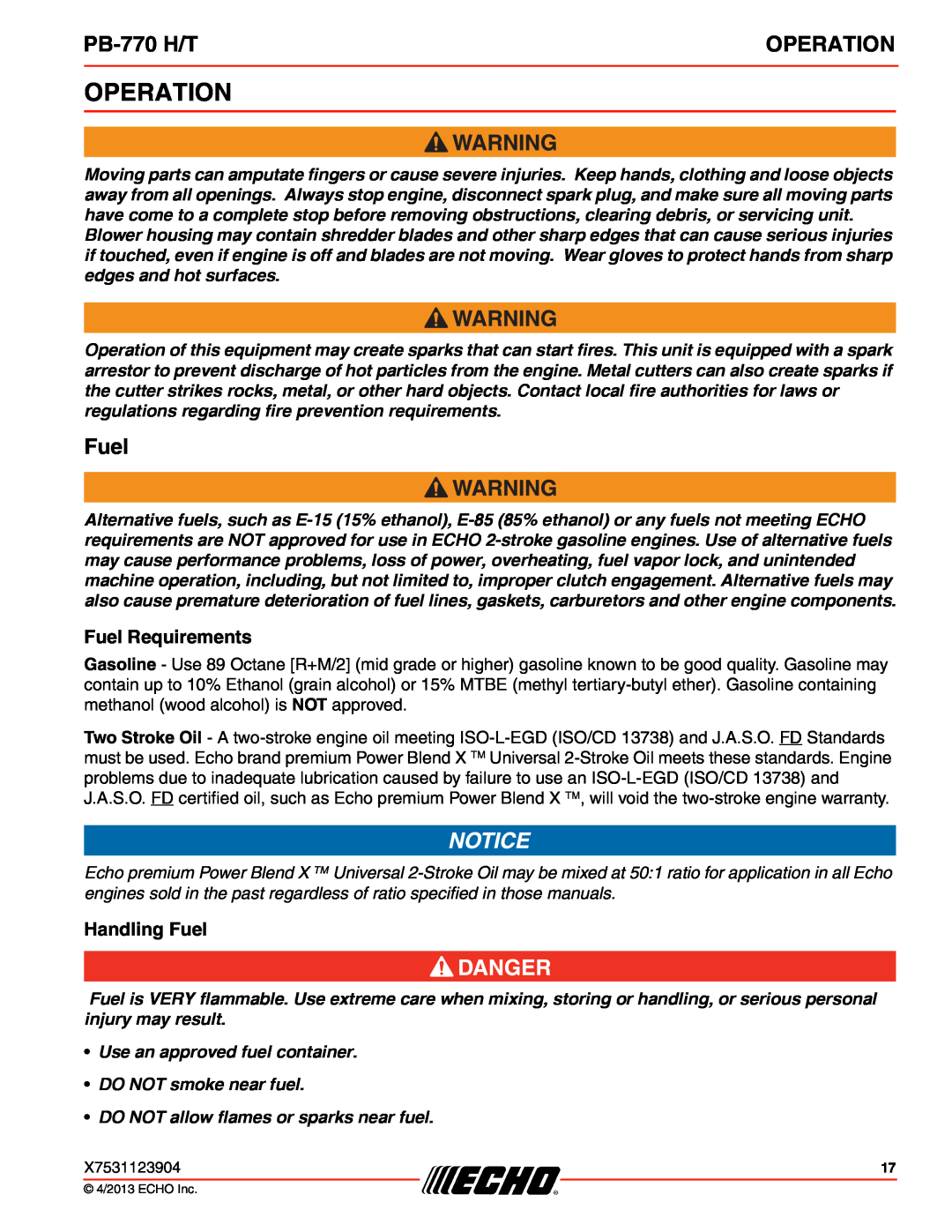 Echo PB-770 H/T specifications Operation, Fuel Requirements, Handling Fuel 