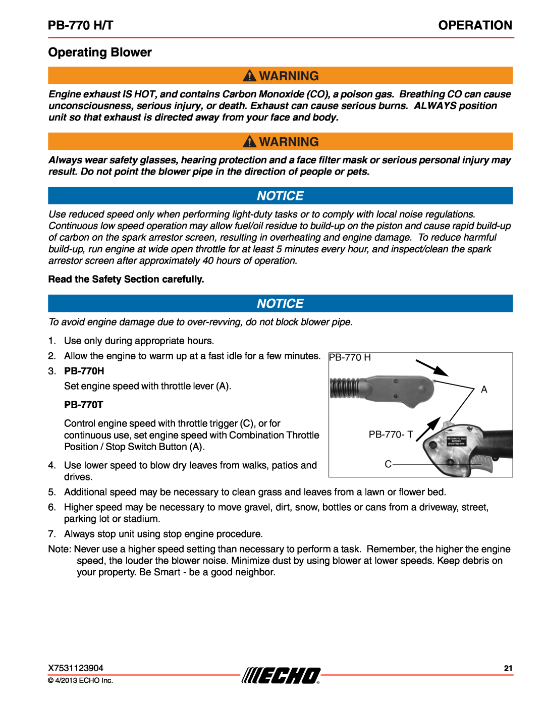 Echo PB-770 H/T specifications Operating Blower, Read the Safety Section carefully, PB-770H, PB-770T, Operation 