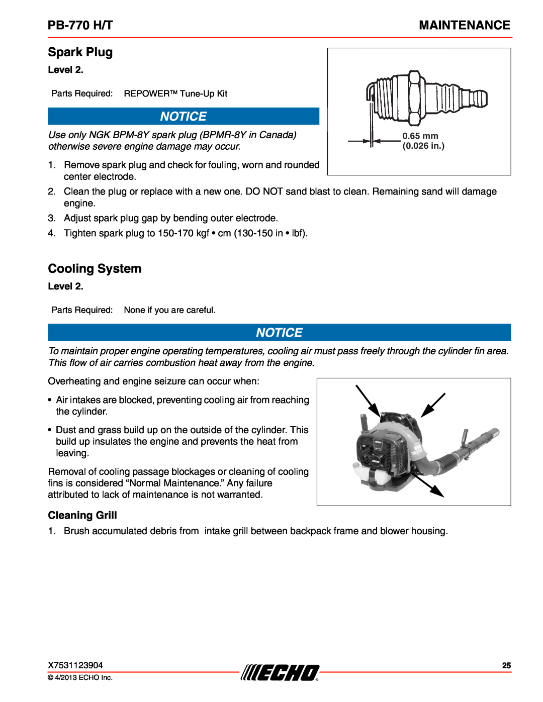 Echo PB-770 H/T specifications Spark Plug, Cooling System, Cleaning Grill, Maintenance, Level 