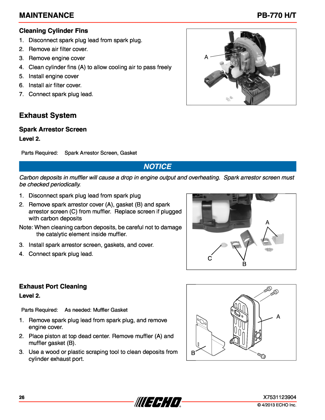 Echo PB-770 H/T Exhaust System, Cleaning Cylinder Fins, Spark Arrestor Screen, Exhaust Port Cleaning, Maintenance, Level 