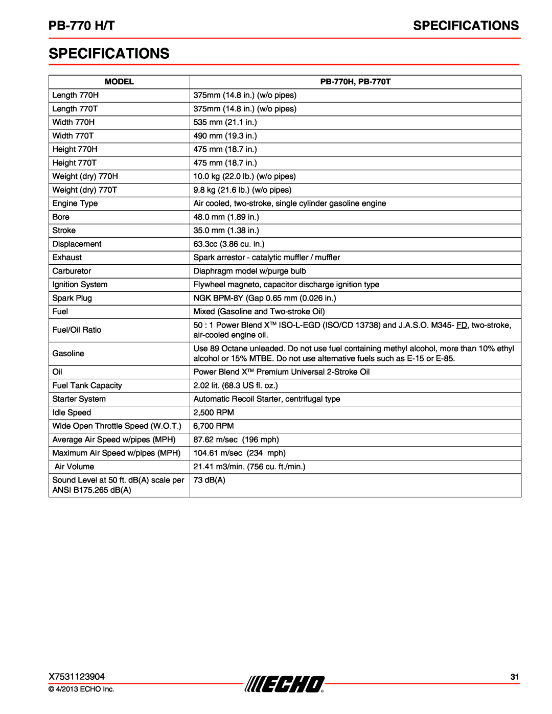 Echo PB-770 H/T specifications Specifications, Model, PB-770H, PB-770T 