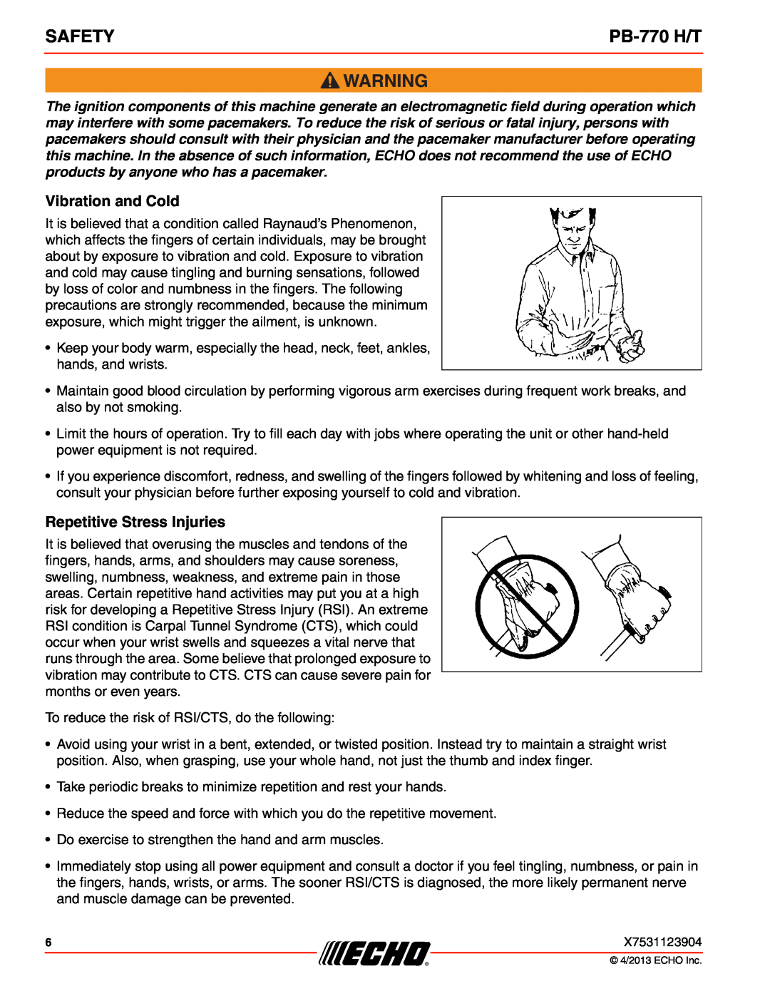 Echo PB-770 H/T specifications Vibration and Cold, Repetitive Stress Injuries, Safety 