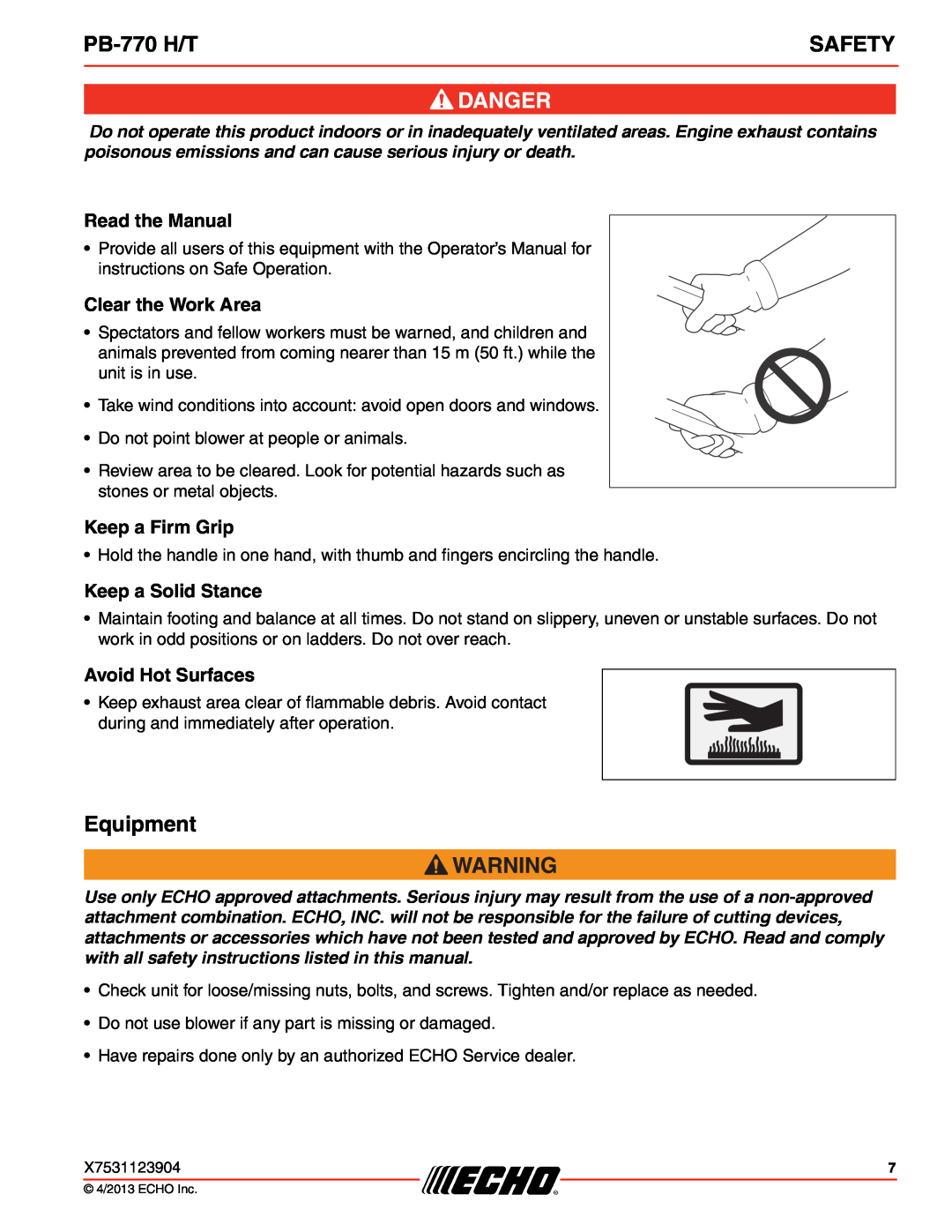 Echo PB-770 H/T Equipment, Read the Manual, Clear the Work Area, Keep a Firm Grip, Keep a Solid Stance, Avoid Hot Surfaces 