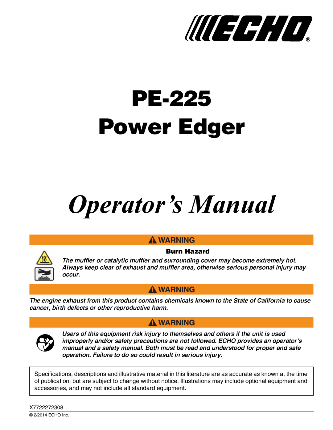 Echo PE-225 specifications Operator’s Manual, Burn Hazard 