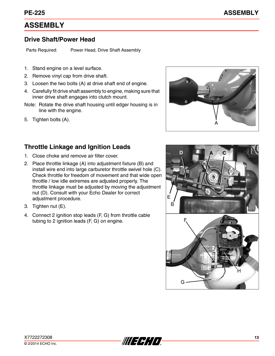 Echo PE-225 specifications Assembly, Drive Shaft/Power Head, Throttle Linkage and Ignition Leads 