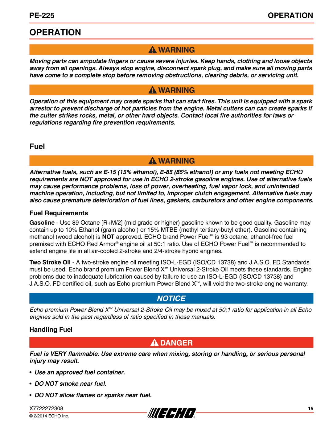 Echo PE-225 specifications Operation, Fuel Requirements, Handling Fuel 