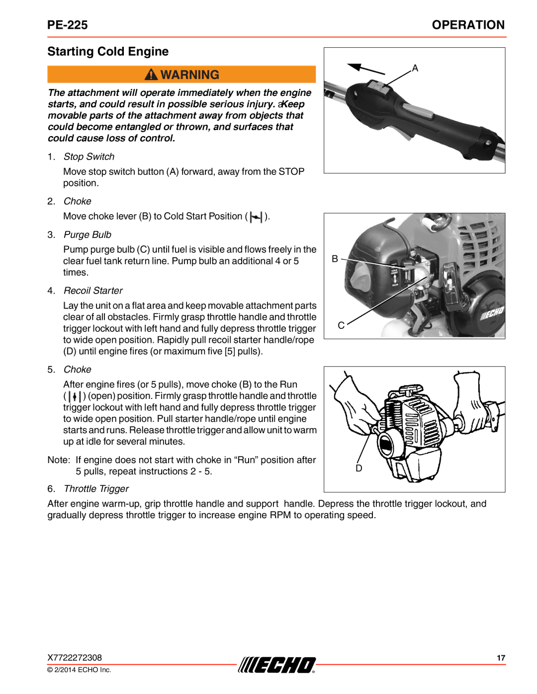 Echo PE-225 specifications Starting Cold Engine, Purge Bulb 