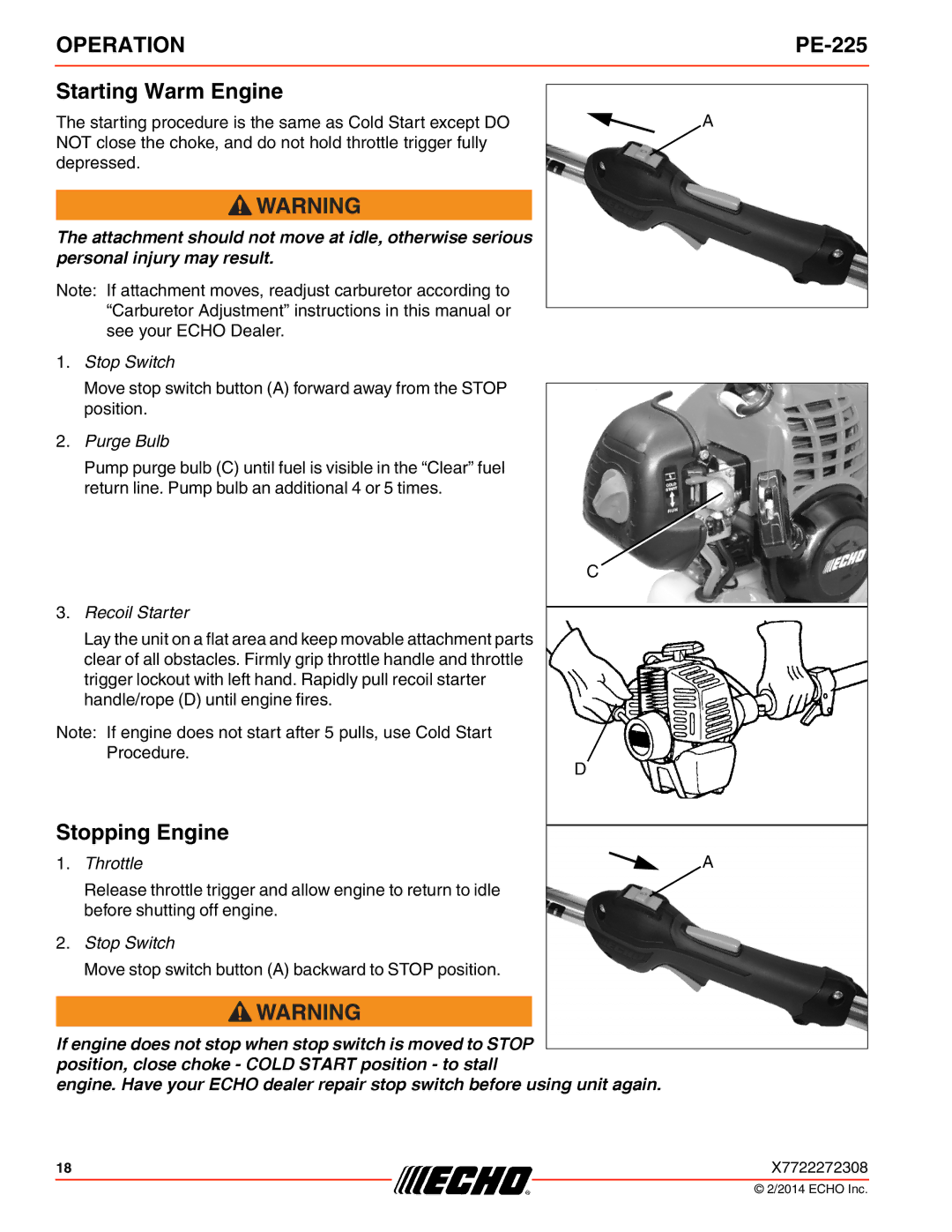 Echo PE-225 specifications Starting Warm Engine, Stopping Engine 