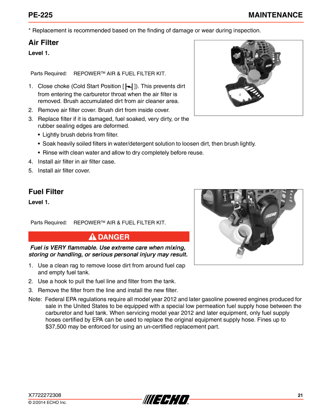 Echo PE-225 specifications Air Filter, Fuel Filter 