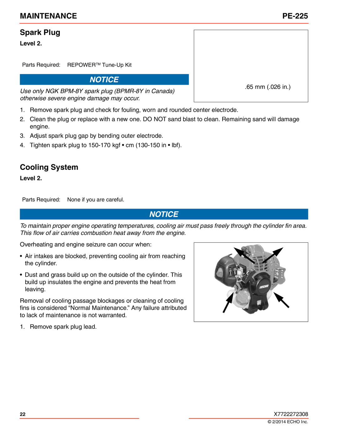 Echo PE-225 specifications Spark Plug, Cooling System 