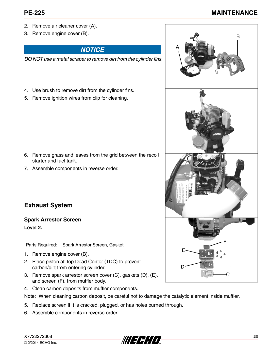 Echo PE-225 specifications Exhaust System, Spark Arrestor Screen 