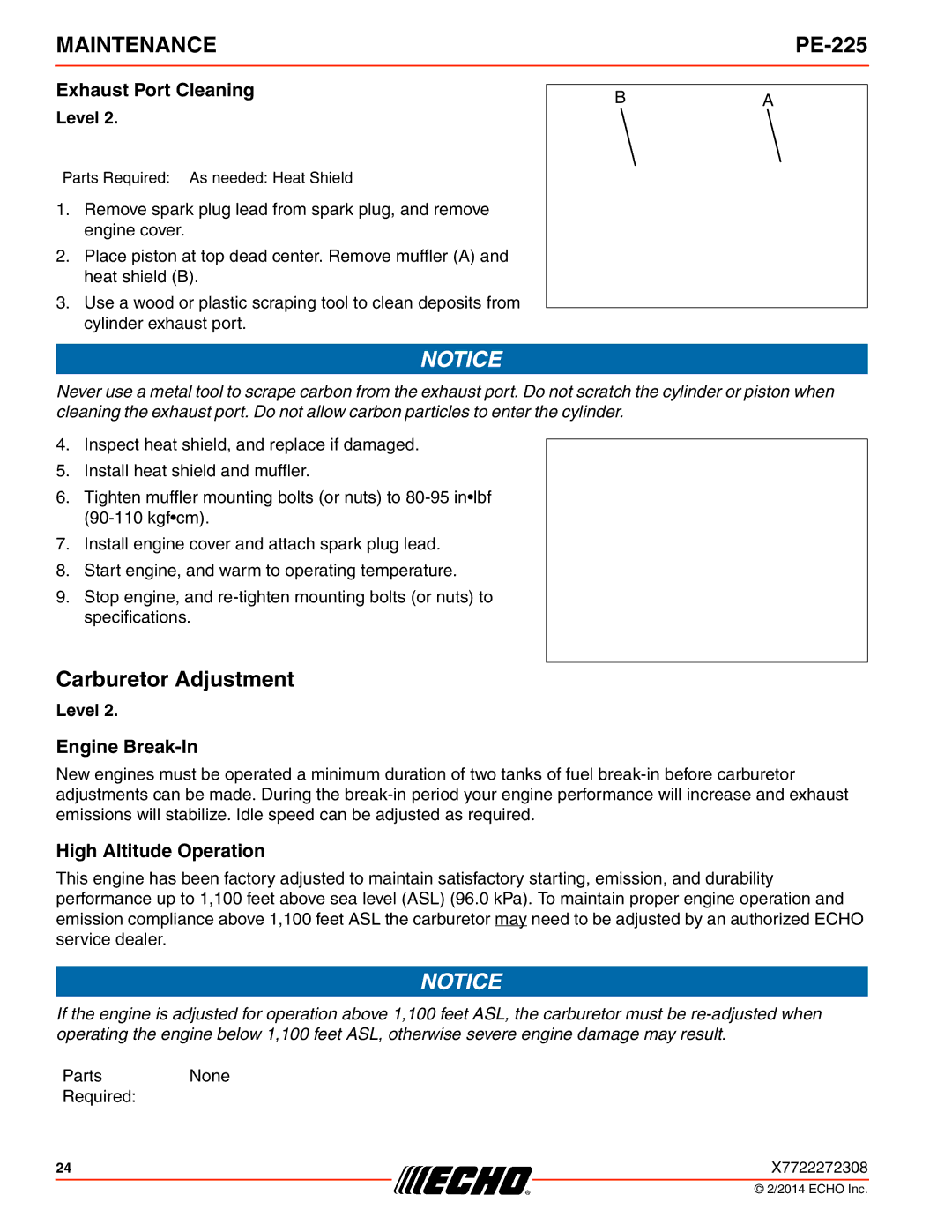 Echo PE-225 specifications Carburetor Adjustment, Exhaust Port Cleaning, Engine Break-In, High Altitude Operation 