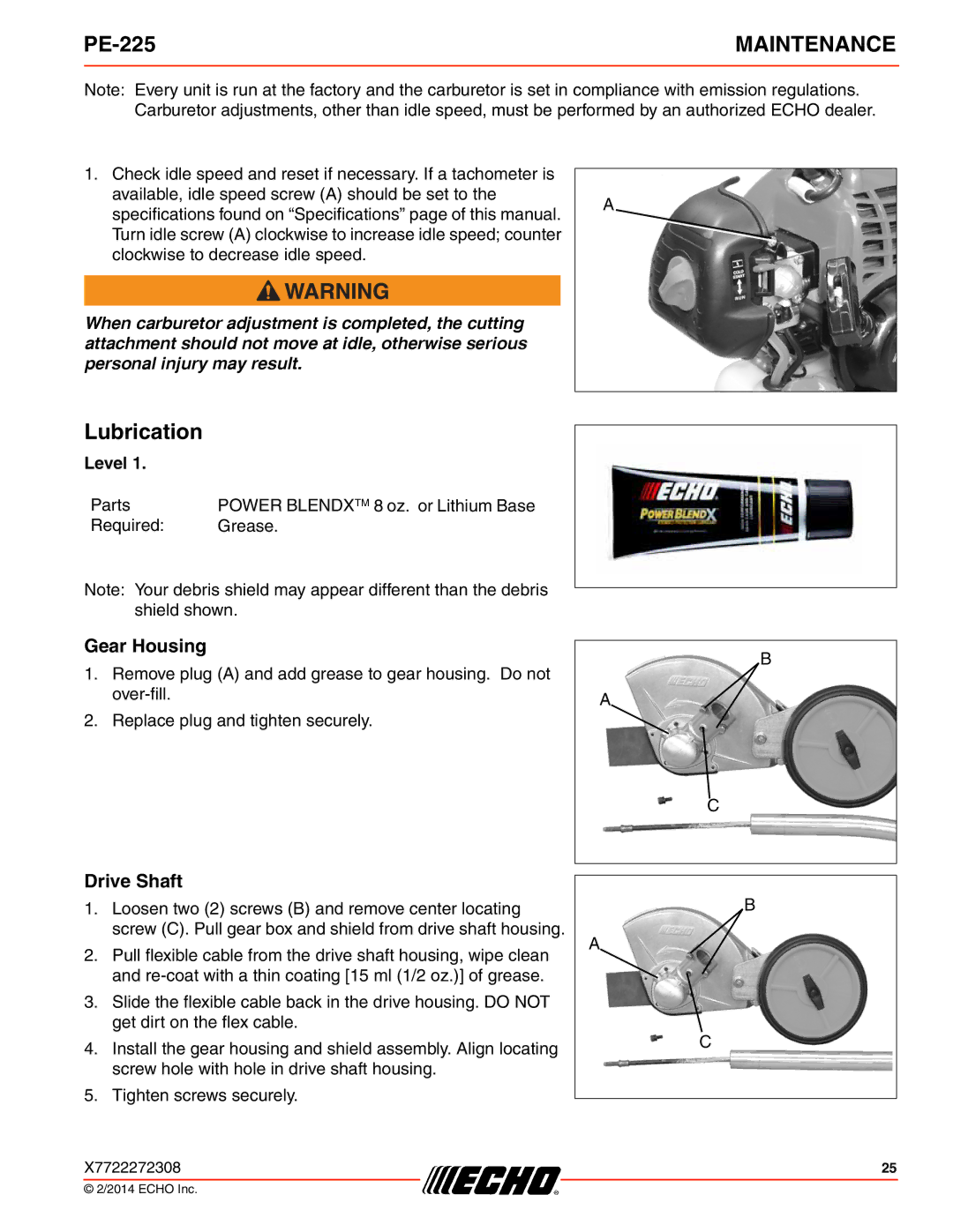 Echo PE-225 specifications Lubrication, Gear Housing, Drive Shaft 