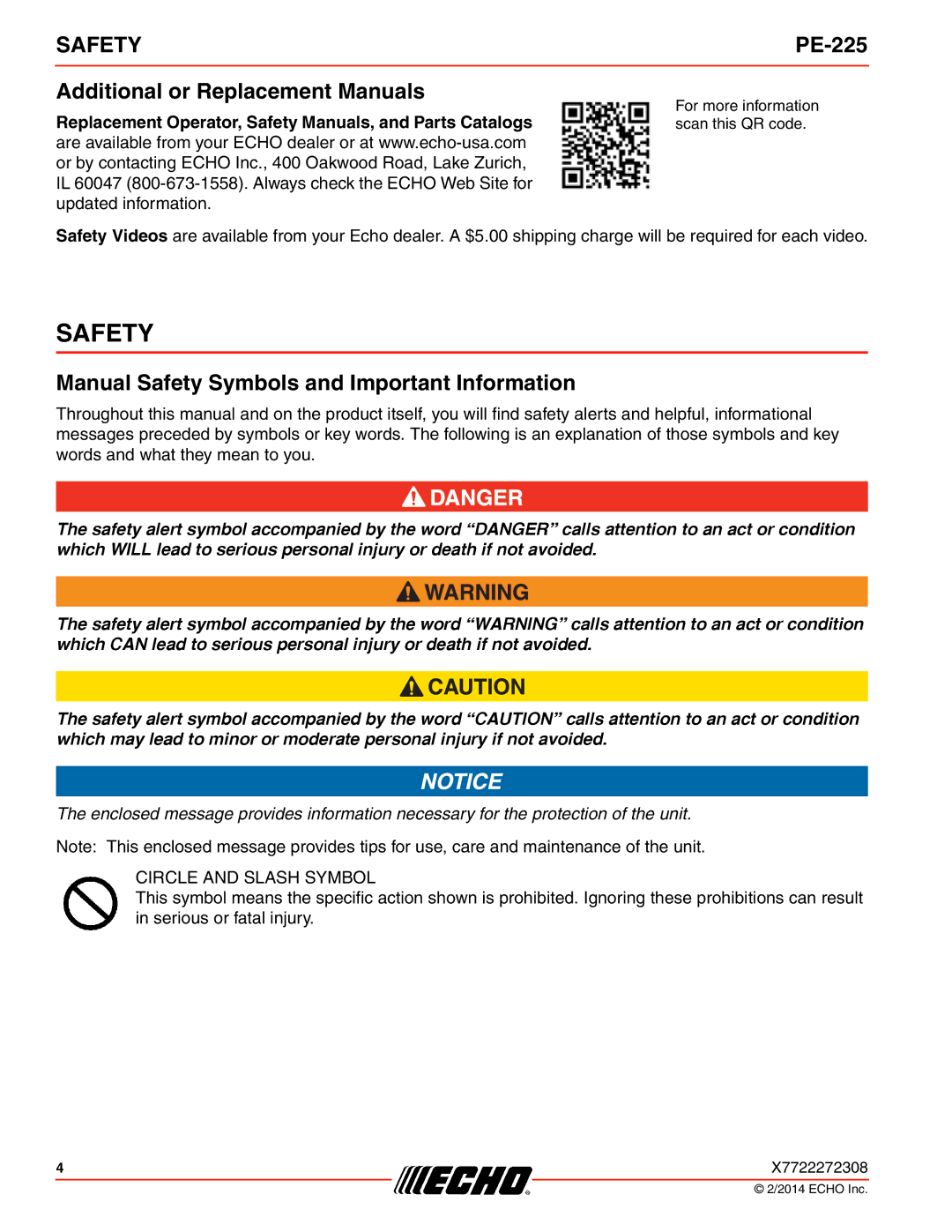 Echo PE-225 specifications Additional or Replacement Manuals, Manual Safety Symbols and Important Information 