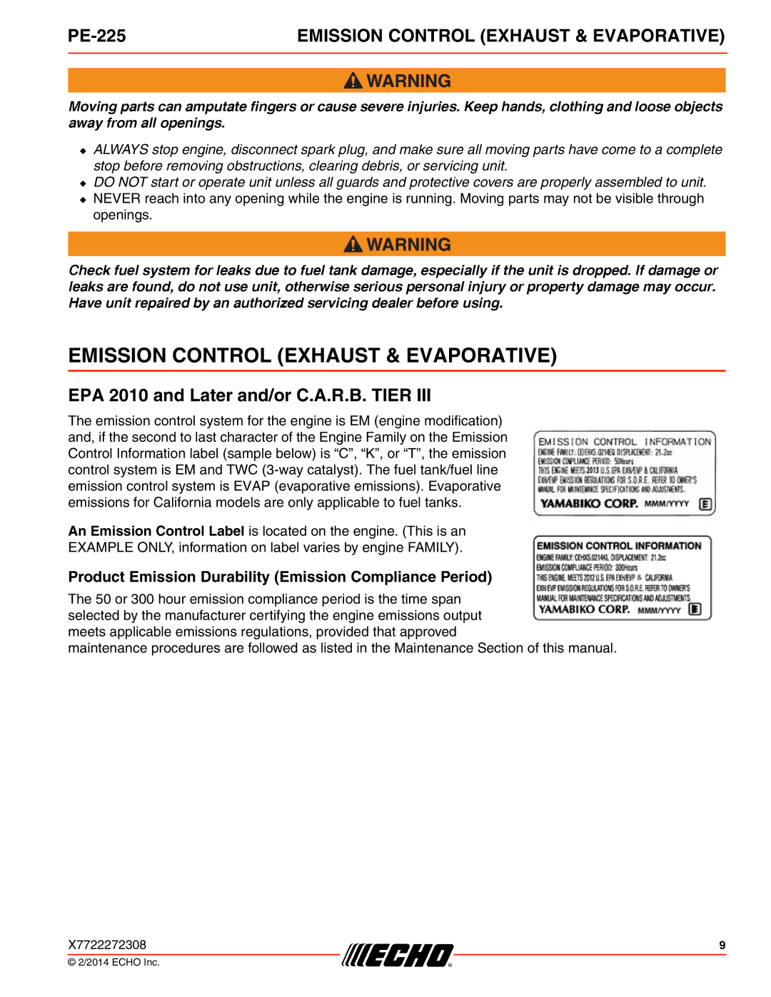 Echo PE-225 specifications Emission Control Exhaust & Evaporative, EPA 2010 and Later and/or C.A.R.B. Tier 