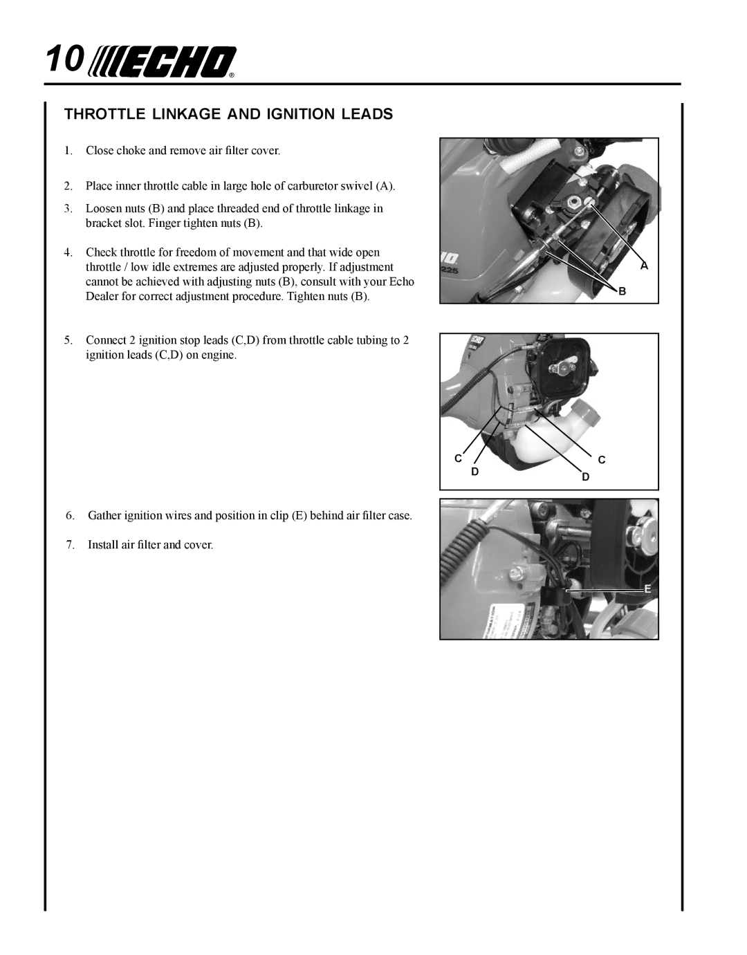 Echo PE-225 manual Throttle linkage and ignition leads 