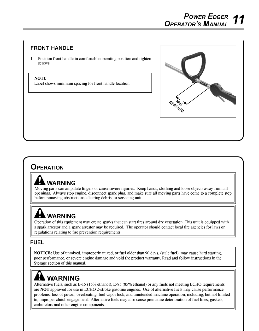 Echo PE-225 manual Front handle, Operation, Fuel 