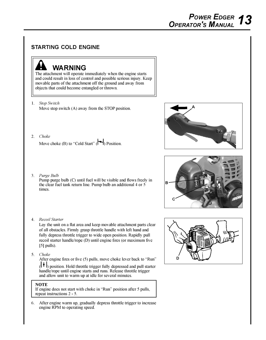 Echo PE-225 manual Starting cold engine, Purge Bulb 