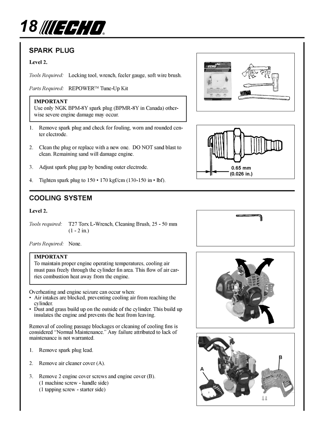 Echo PE-225 manual Spark plug, Cooling system 