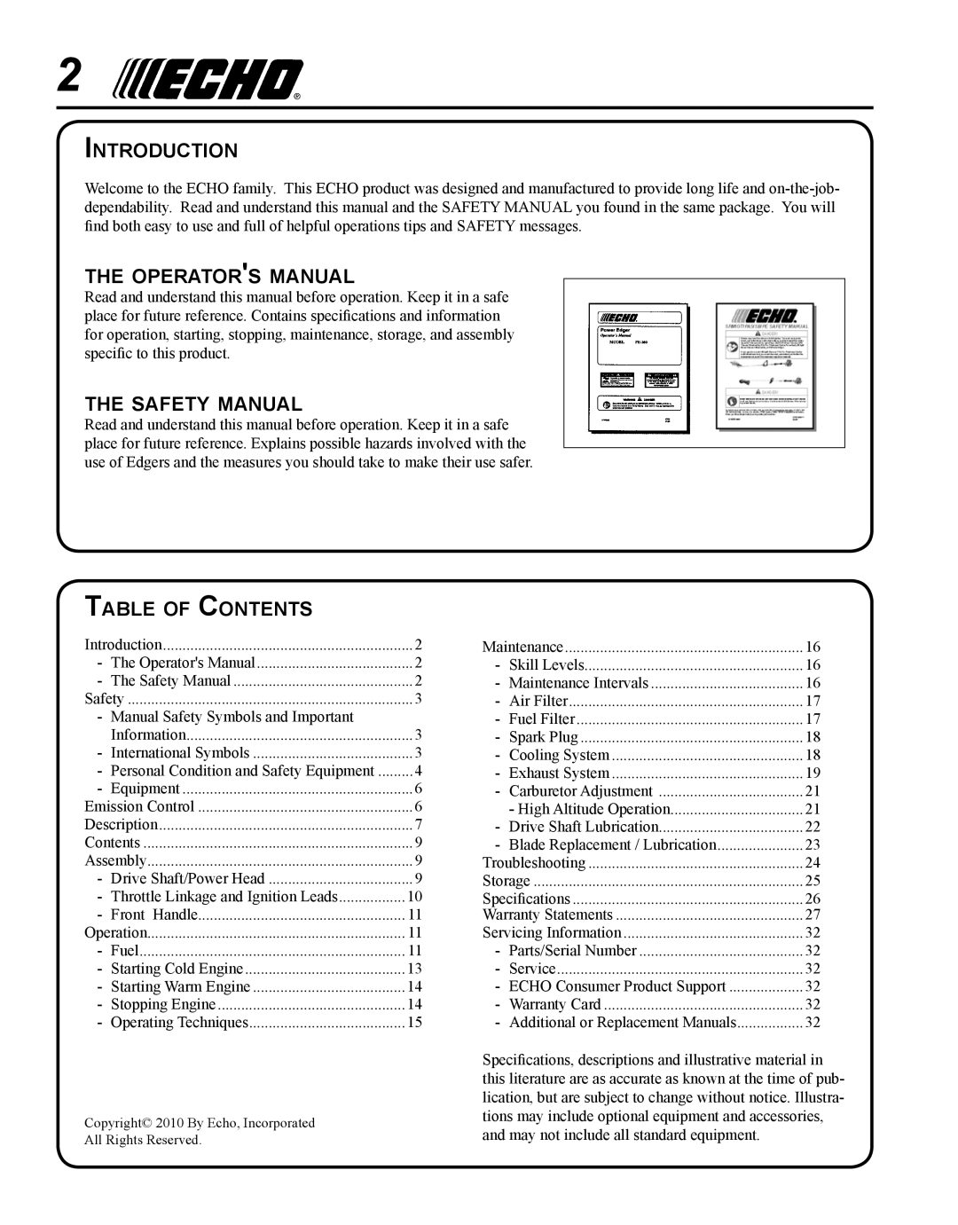 Echo PE-225 Introduction, Operators manual, Safety manual, Table of Contents 