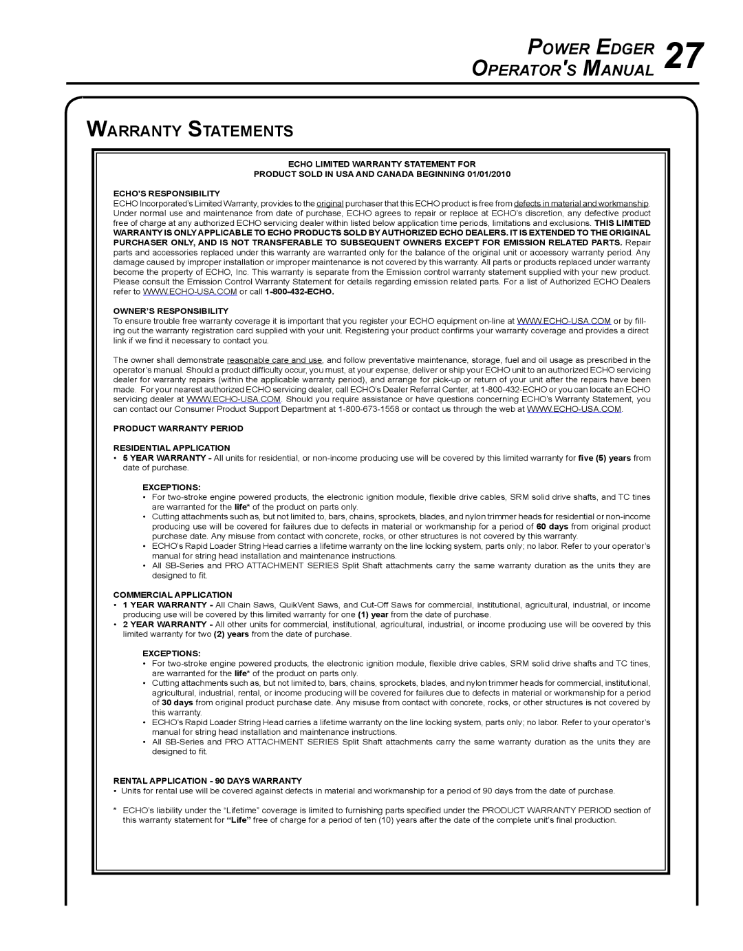 Echo PE-225 manual Warranty Statements, Exceptions 