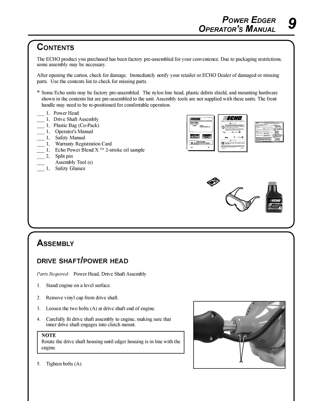 Echo PE-225 manual Contents, Assembly Drive shaft/power head 