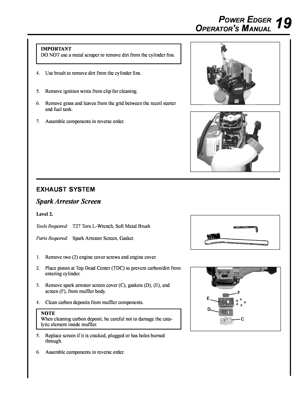 Echo PE-225 manual Spark Arrestor Screen, exhaust system, Power Edger, Operators Manual, Level 